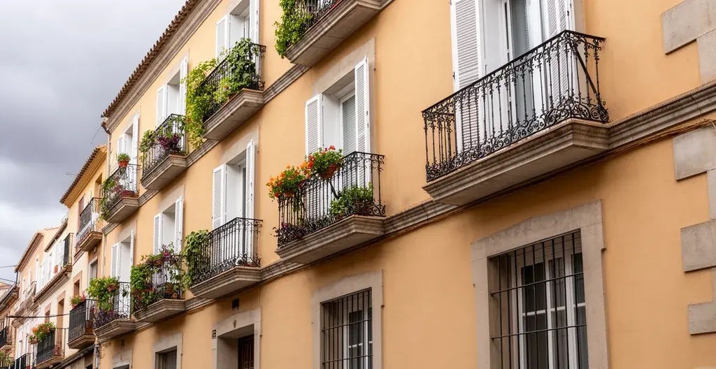 Fachada típica de edificio de pisos español con balcones mediterráneos
