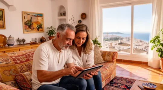 Pareja española consultando tasación inmobiliaria en tablet en salón mediterráneo