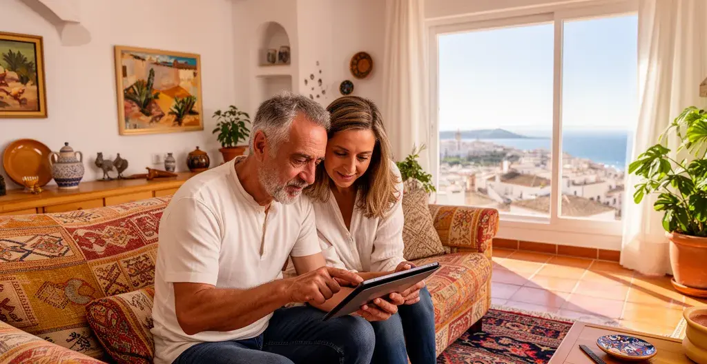 Pareja española consultando tasación inmobiliaria en tablet en salón mediterráneo