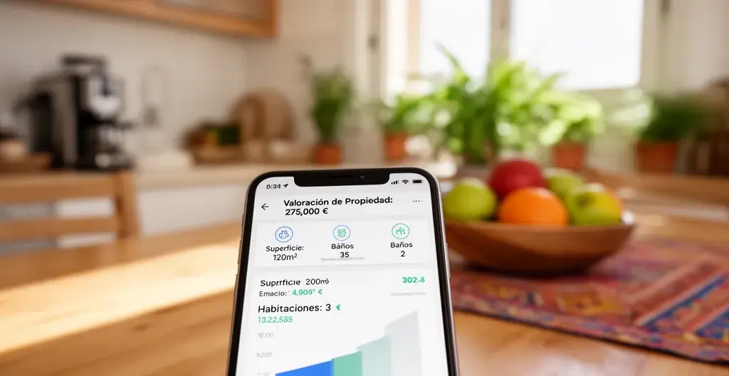 Smartphone mostrando herramienta de tasación online sobre mesa de cocina española