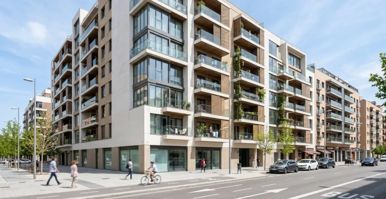 Fachada de un edificio residencial contemporáneo en una calle de Madrid bajo luz natural diurna