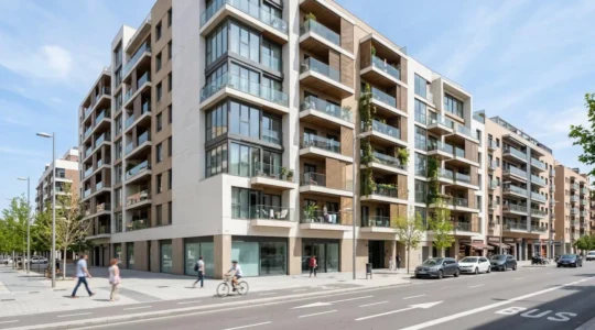 Fachada de un edificio residencial contemporáneo en una calle de Madrid bajo luz natural diurna