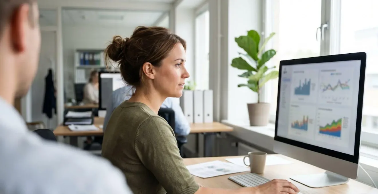Profesional de perfil consultando información en la pantalla de un ordenador en una oficina moderna con luz natural